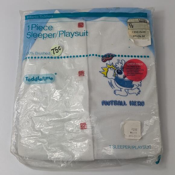 Vtg Baby Sleeper Romper JCPenney Toddletime 1/2 (14.5-18lbs) Blue Football Hero - Picture 1 of 10